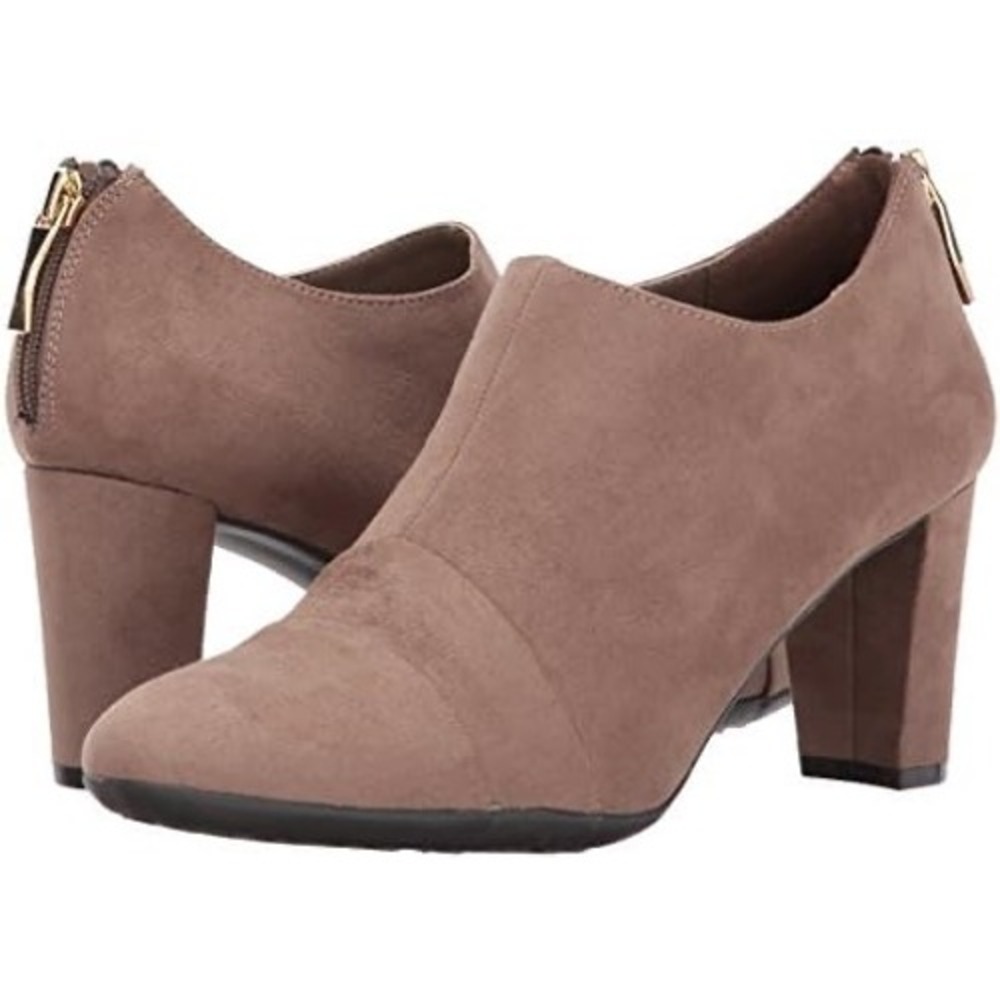 A2 by Aerosoles Taupe‎ Faux Suede Ankle Boots Block Heel Back Zip Womens 8.5 M